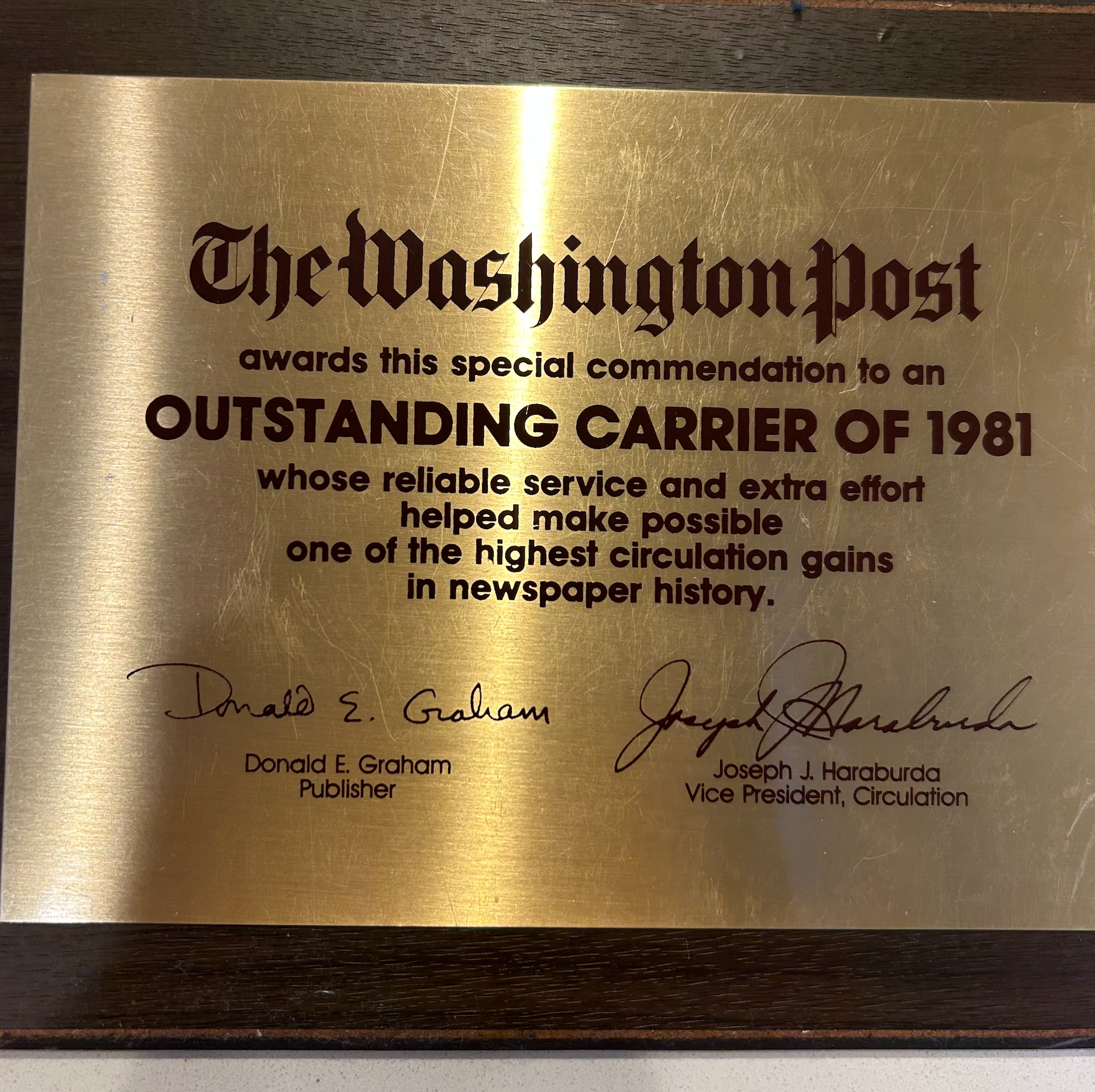 1981 Washington Post Carrier of the Year