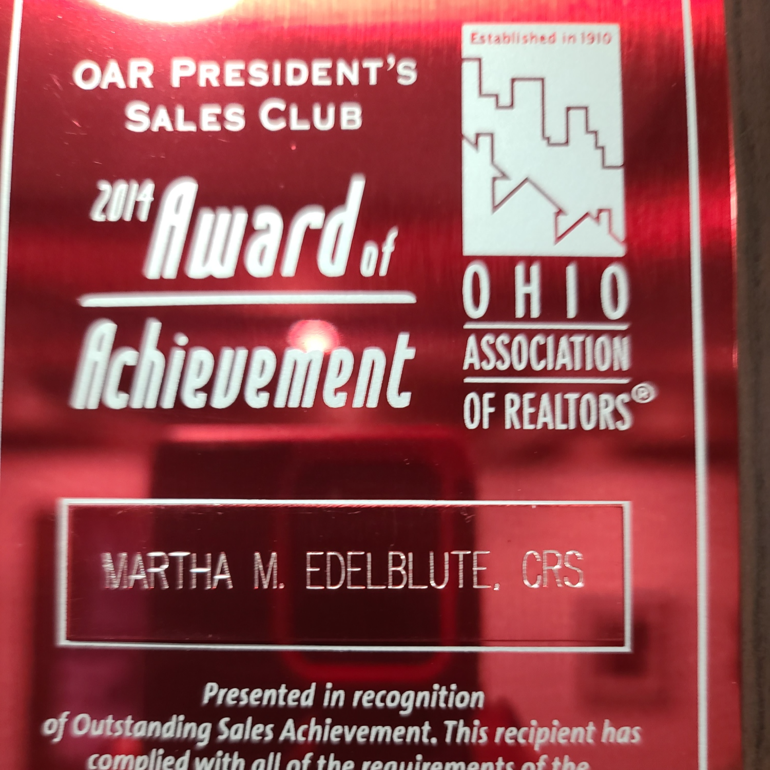 Ohio Realtors Award Of Achievement