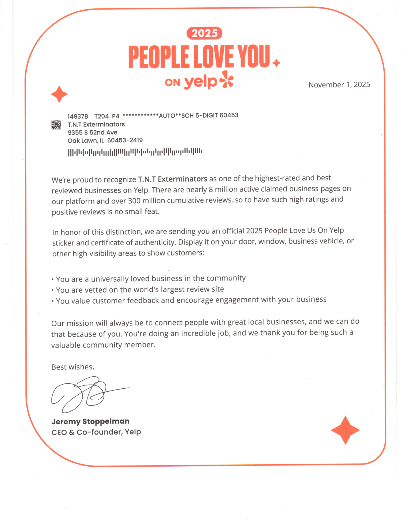 Award from Yelp!!